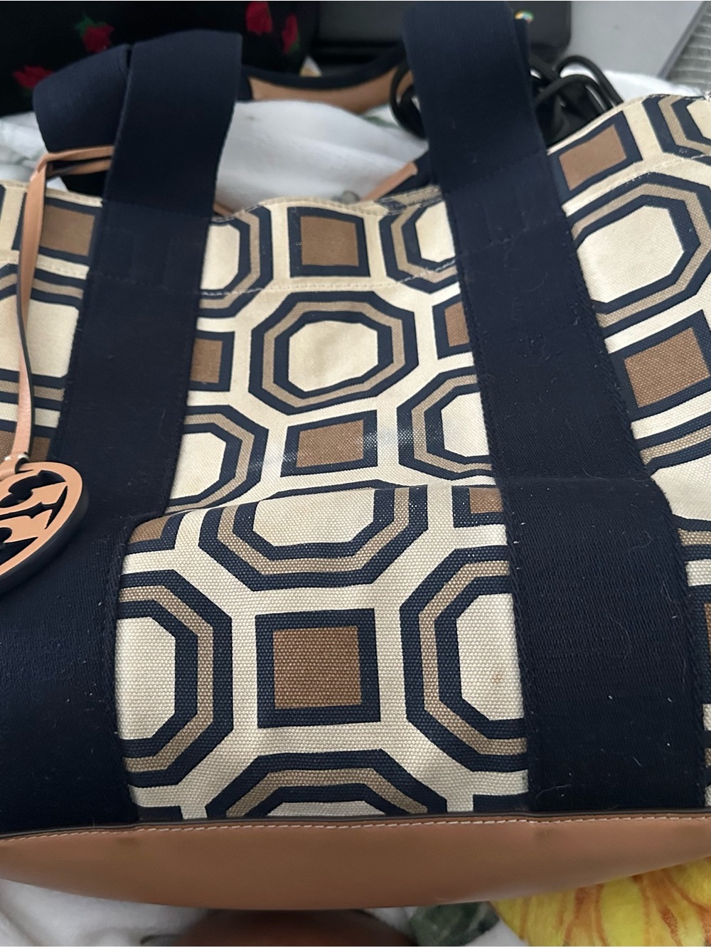 Tory Burch Navy and Tan Geometric Tote